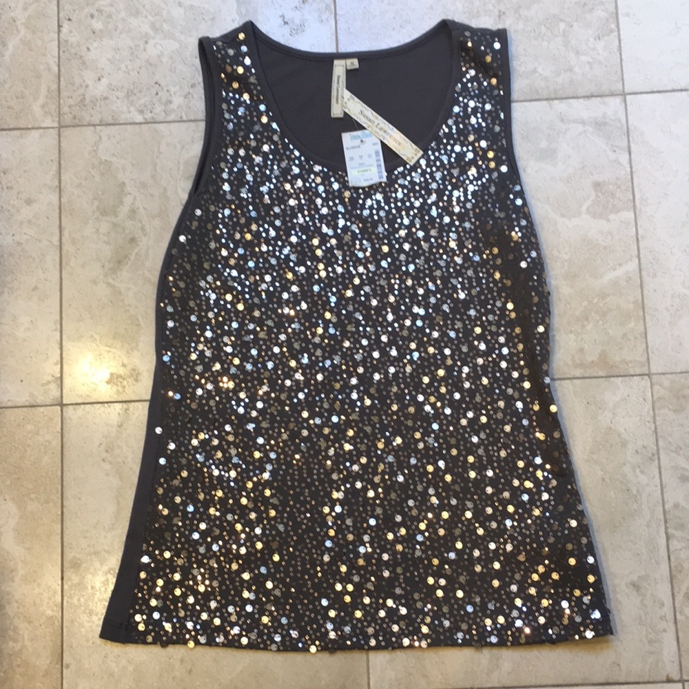 NWT Dressy Tanktop  size M , sequins on front , solid back , taupe color